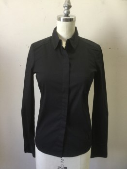 H&M, Black, Cotton, Polyester, Solid, Button Front, Collar Attached, Long Sleeves, 1 Pocket, Hidden Placket