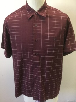 HAGGAR, Red Burgundy, Beige, Black, Polyester, Grid , Stripes - Pin, Burgundy with Beige Grid Thin Stripes, Faint Black Horizontal Stripes, Short Sleeve Button Front, Collar Attached, 1 Patch Pocket with Button Closure