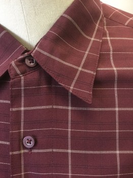 HAGGAR, Red Burgundy, Beige, Black, Polyester, Grid , Stripes - Pin, Burgundy with Beige Grid Thin Stripes, Faint Black Horizontal Stripes, Short Sleeve Button Front, Collar Attached, 1 Patch Pocket with Button Closure