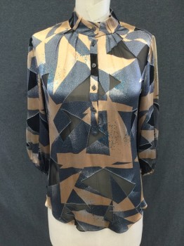 DVF, Peach Orange, Black, Gray, Teal Blue, Off White, Rayon, Silk, Geometric, Abstract , Sheer, Band Collar Attached with Belt Hoops, 5 Button Front, Pullover, 3/4 Sleeves with Thin Elastic Hem