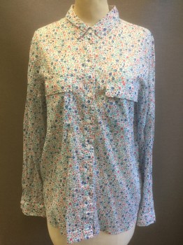 GAP, White, Multi-color, Coral Pink, Peach Orange, Indigo Blue, Cotton, Floral, White with Tiny Coral/Peach/Indigo/Light Blue/Teal Flowers Pattern, Long Sleeve Button Front, Collar Attached, 2 Patch Pockets with Flap Closures