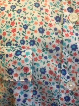 GAP, White, Multi-color, Coral Pink, Peach Orange, Indigo Blue, Cotton, Floral, White with Tiny Coral/Peach/Indigo/Light Blue/Teal Flowers Pattern, Long Sleeve Button Front, Collar Attached, 2 Patch Pockets with Flap Closures