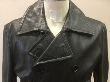 Mens, Leather Jacket, BANANA REPUBLIC, Black, Leather, Solid, M, Car Coat Length, Peaked Lapel, Double Breasted, Pocket Flaps, Crinkled Leather