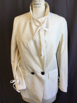 Womens, Blazer, PHILLIP  PHIM, Cream, Wool, Ramie, Solid, 2, Notched Lapel, Double Breasted, Cream Lining,  2 Button Front, 2 Pockets with Flap, Long Sleeves with 3 Self Cover Button & Tie, Split Center Back Hem