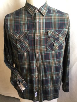 VANS OFF THE WALL, Black, Brown, Sea Foam Green, Rust Orange, Beige, Cotton, Plaid, Collar Attached, Button Front, 2 Pockets with Flap & Button, Long Sleeves,