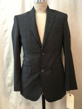 ALFRED SUNG, Charcoal Gray, Black, Slate Blue, Wool, Plaid-  Windowpane, Heathered, Notched Lapel, Collar Attached, 2 Buttons,  3 Pockets,