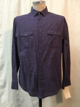 ALFANI, Purple, Cotton, Polyester, Heathered, Heather Purple, Button Front, Collar Attached, Long Sleeves, 2 Pockets,