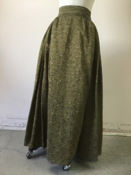 MTO, Olive Green, Silk, Polyester, Solid, Embossed X Patterned Waves, Gathered From Side Hip Through Back, Hook & Eye and Snap Back, Ankle Length Hem