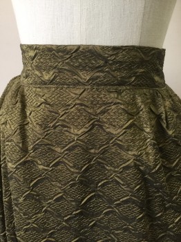 Womens, Historical Fiction Skirt, MTO, Olive Green, Silk, Polyester, Solid, W 24, Embossed X Patterned Waves, Gathered From Side Hip Through Back, Hook & Eye and Snap Back, Ankle Length Hem