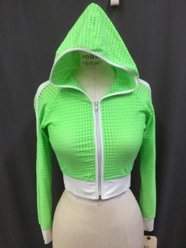 Womens, Casual Jacket, BUSY B., Neon Green, White, Polyester, Solid, Color Blocking, M, Sports Mesh, Zip Front, Hoodie, Cropped, Rave, Raglan Sleeves,
