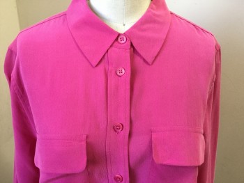 EQUIPMENT, Pink, Silk, Solid, Long Sleeves, Button Front, Collar Attached, 2 Flap Pockets