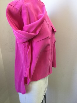 Womens, Blouse, EQUIPMENT, Pink, Silk, Solid, S, Long Sleeves, Button Front, Collar Attached, 2 Flap Pockets