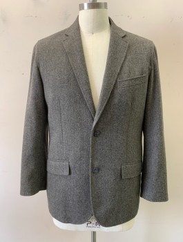 CLAIBORNE, Gray, Black, Wool, Polyester, Tweed, Herringbone, Single Breasted, Collar Attached, Notched Lapel, 3 Pockets, 2 Buttons