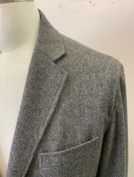 CLAIBORNE, Gray, Black, Wool, Polyester, Tweed, Herringbone, Single Breasted, Collar Attached, Notched Lapel, 3 Pockets, 2 Buttons