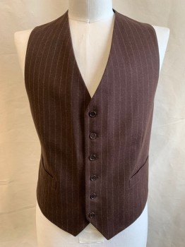 Mens, Suit, Vest, VALENTINO, Dk Brown, White, Wool, Stripes - Pin, 42L, 6 Button Front, 2 Pockets, Solid Dark Brown Silk Back with Self Valentino Logo, Attached Self Waist Belt/Buckle