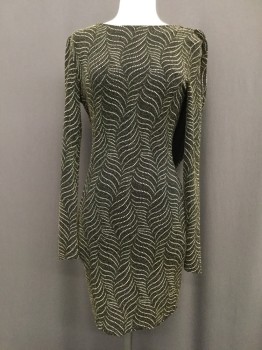 Womens, Cocktail Dress, MONACO, Black, Gold, Cream, Nylon, Spandex, Geometric, L, Long Sleeves, Boat Neck, Metallic Leaf Pattern, Low Back Cowl, Fitted, Multiples,