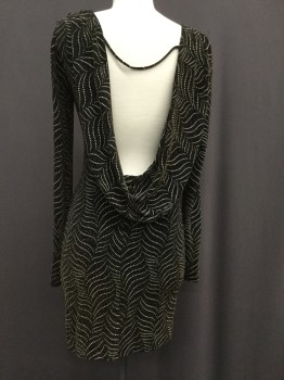 Womens, Cocktail Dress, MONACO, Black, Gold, Cream, Nylon, Spandex, Geometric, L, Long Sleeves, Boat Neck, Metallic Leaf Pattern, Low Back Cowl, Fitted, Multiples,