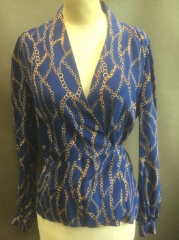L'AGENCE, Royal Blue, Goldenrod Yellow, Silk, Novelty Pattern, "Gold Chains" Novelty Pattern, Long Sleeves, Wrap Blouse with V-neck, Self Tie Closure, Gathered at Shoulder Seams and Cuffs