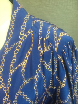 L'AGENCE, Royal Blue, Goldenrod Yellow, Silk, Novelty Pattern, "Gold Chains" Novelty Pattern, Long Sleeves, Wrap Blouse with V-neck, Self Tie Closure, Gathered at Shoulder Seams and Cuffs