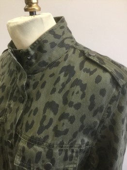 Womens, Casual Jacket, RAILS, Olive Green, Black, Lyocell, Linen, Animal Print, XS, Olive with Black Leopard Spots, Twill, Zip and Snap Front, Stand Collar, Epaulettes at Shoulders, 2 Pockets with Snap Closures, Drawstring Waist
