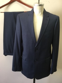 TOMMY HILFIGER, Navy Blue, Wool, Solid, Single Breasted, Notched Lapel, 3 Pockets, 2 Buttons