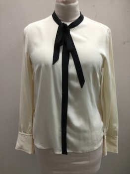 J. CREW, Off White, Black, Silk, Solid, Solid Off-White with Black Band Collar That Self Ties in Front, Black Hidden Placket Button Front, Long Sleeves,