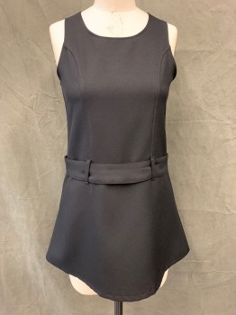 NO LABEL, Black, Polyester, Solid, Round Deck, Belt at Front Hip Attached to Sideseam, Princess Seam to Belt, Sleeveless