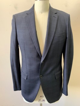 THEORY, Charcoal Gray, Black, Wool, Plaid, Single Breasted, Notched Lapel, 2 Buttons, 3 Pockets, Slim Fit
