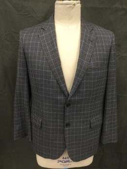BROOKS BROTHERS, Lt Blue, Blue-Gray, Brown, Black, Wool, Plaid, Grid , Single Breasted, Collar Attached, Notched Lapel, 3 Pockets, Long Sleeves