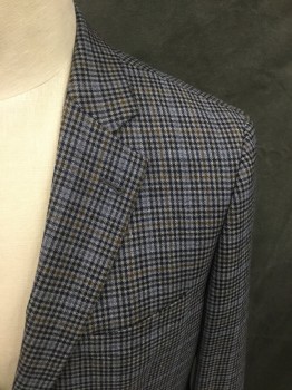 BROOKS BROTHERS, Lt Blue, Blue-Gray, Brown, Black, Wool, Plaid, Grid , Single Breasted, Collar Attached, Notched Lapel, 3 Pockets, Long Sleeves