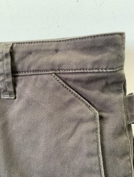 HELMUT LANG, Brown, Cotton, Spandex, Solid, Twill, Unusual Tapered Leg with Rib Knit Panels at Ankles, Zip Fly, 4 Pockets, Unusual Panel at Back Waist with Twill Adjustable Straps with Buckle