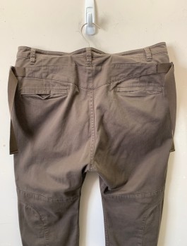 Mens, Casual Pants, HELMUT LANG, Brown, Cotton, Spandex, Solid, Ins:27, W:32, Twill, Unusual Tapered Leg with Rib Knit Panels at Ankles, Zip Fly, 4 Pockets, Unusual Panel at Back Waist with Twill Adjustable Straps with Buckle