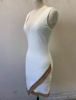 Womens, Cocktail Dress, BEBE, White, Gold, Rayon, Rhinestones, Solid, S, Stretch Jersey, Sleeveless, V-neck, Gold Rhinestoned 2" Wide Edging at Hem with Wrapped Detail, Hem Above Knee, Form Fitting