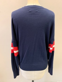 Womens, Pullover, VELVET, Navy Blue, Cotton, Cashmere, Solid, XS, Ribbed Knit, Scoop Neck, Red/White Sleeve Stripes, Ribbed Knit Waistband/Cuff