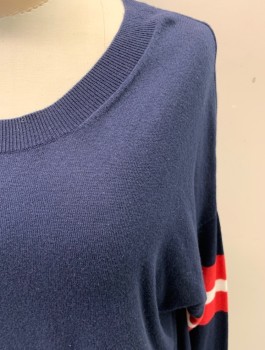 VELVET, Navy Blue, Cotton, Cashmere, Solid, Ribbed Knit, Scoop Neck, Red/White Sleeve Stripes, Ribbed Knit Waistband/Cuff