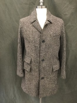 Mens, Coat, Overcoat, BILLY REID , Black, White, Lt Brown, Wool, Acrylic, Tweed, Basket Weave, 40, Short, Button Front, Collar Attached, 4 Pockets, Long Sleeves, Brown Leather Under Collar