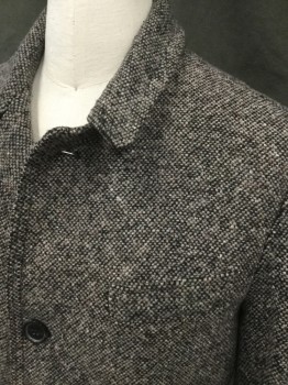 Mens, Coat, Overcoat, BILLY REID , Black, White, Lt Brown, Wool, Acrylic, Tweed, Basket Weave, 40, Short, Button Front, Collar Attached, 4 Pockets, Long Sleeves, Brown Leather Under Collar