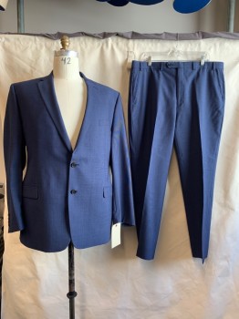 Mens, Suit, Jacket, LAUREN, Navy Blue, Wool, Solid, 46 L, Notched Lapel, Collar Attached, 2 Buttons, 3 Pockets,