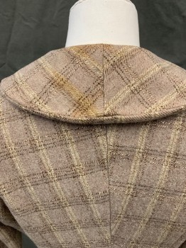 N/L, Lt Brown, Cream, Dk Brown, Wool, Grid , Brown Button Front (1 Button Doesn't Match), Shawl Collar, Puffed Up Shoulders, Long Sleeves, *Stain on Back Collar*