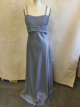 Womens, Evening Gown, STANDARD, Powder Blue, Polyester, Acetate, Solid, W:30, B:34, Vertical Accordion Pleat Upper Top with 4" Horizontal  Accordion Pleat Underneath Bust Line,  1/3" Straps, Solid Skirt Front and Back, Side Zip