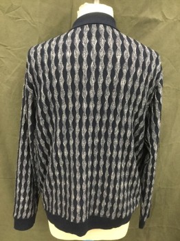Mens, Pullover Sweater, PRESTIGE, Navy Blue, White, Polyester, Acrylic, Stripes, 3XL, Wavy Knit Stripe, Polo Style, Solid Navy Ribbed Knit Collar/Placket/Waistband/Cuff