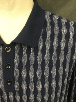 PRESTIGE, Navy Blue, White, Polyester, Acrylic, Stripes, Wavy Knit Stripe, Polo Style, Solid Navy Ribbed Knit Collar/Placket/Waistband/Cuff