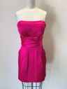 DAVIDS BRIDAL, Magenta Pink, Polyester, Solid, Satin, Strapless, Gathered Draped Wide Waistband, Pleated Front Skirt, 2 Diagonal Side Pockets, Above Knee Length, Padding Added at Bust