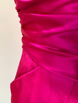 Womens, Cocktail Dress, DAVIDS BRIDAL, Magenta Pink, Polyester, Solid, W:24, B:31, XS, Satin, Strapless, Gathered Draped Wide Waistband, Pleated Front Skirt, 2 Diagonal Side Pockets, Above Knee Length, Padding Added at Bust