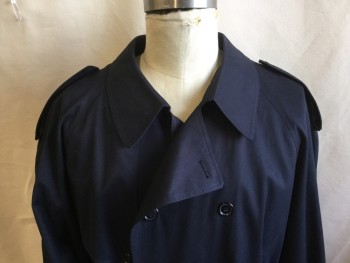 Mens, Coat, Trenchcoat, LONDON FOG/FOX 325, Navy Blue, Polyester, Cotton, Solid, 58, Long Coat, Collar Attached, Collar Attached, Epaulettes, 1 Flap Over Right Shoulder, 1 Flap Back Shoulder, Double Breasted, Button Front, 2 Pockets, Self DETACHABLE BELT with 2 Metal D-ring &  Navy Rectangle Buckle, Long Sleeves with Self Belt & Matching Navy Rectangle Buckle, 1 Slit Back Center Hem, (MISSING DETACHABLE LINER)