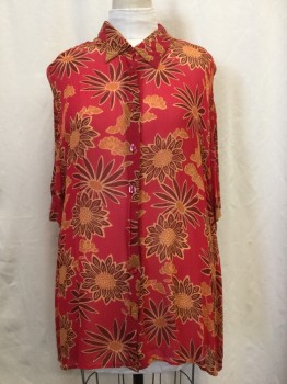 AVENUE, Red, Red Burgundy, Beige, Orange, Rayon, Floral, Sheer, Button Front, Collar Attached, Short Sleeves,