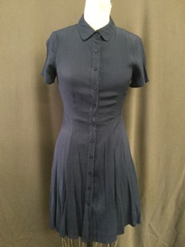 LULUS, Navy Blue, Rayon, Solid, Shirt Dress, Button Front, Short Sleeves, Collar Attached, Knee Length