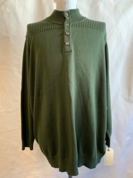 Mens, Pullover Sweater, OAK HILL, Olive Green, Cotton, Solid, 3 XL, Button Placket, Ribbed Yolk, Mock Neck