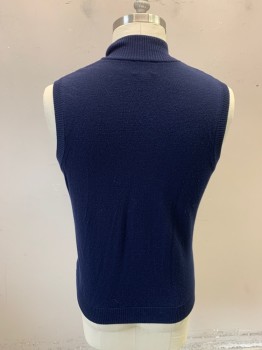 Mens, Sweater Vest, THOMAS DEAN, Navy Blue, Wool, Solid, L, Zip Front, Ribbed Knit Mock Neck/Armholes/Waistband