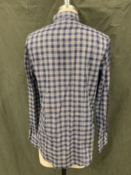 Mens, Casual Shirt, RAG & BONE, Navy Blue, White, Purple, Cotton, Plaid, 15/32, Button Front, Collar Attached, Long Sleeves, Button Cuff